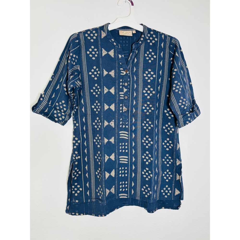 Utsa Westside Indigo Blue Tribal Block Print Cotton Tunic Top Boho Medium